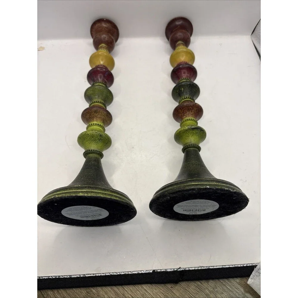 Pier 1  Set Of 2 Candlestick Stacked Multi Color Metal Boho 11” Tall